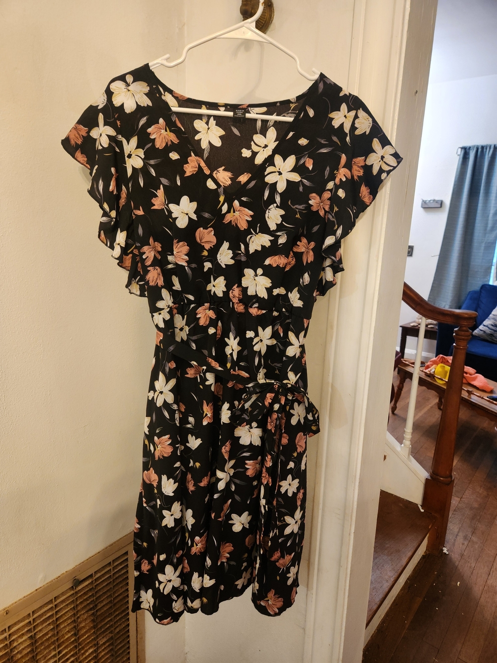 SHEIN Black Floral Midi Dress with Peach and White Blooms